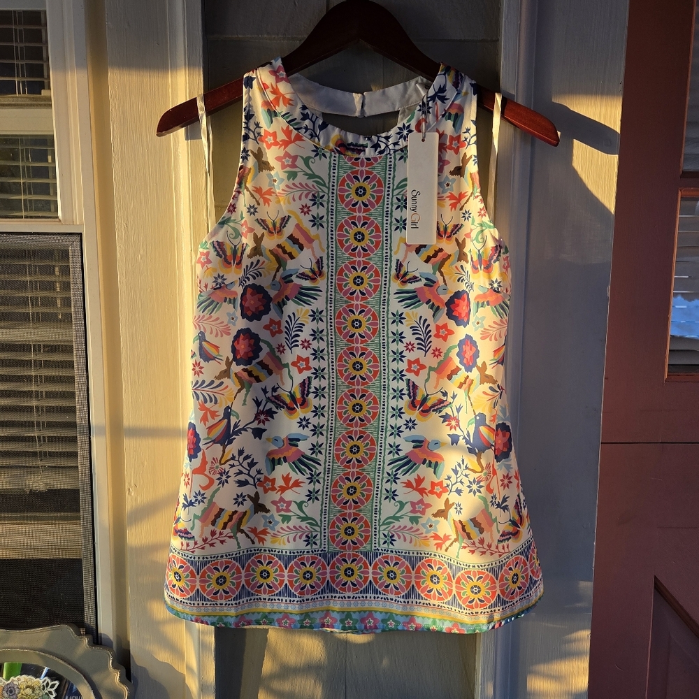 Sunny Girl Australia Colorful Print Sleeveless Top NWT Medium Vacation Resort - Picture 6 of 16